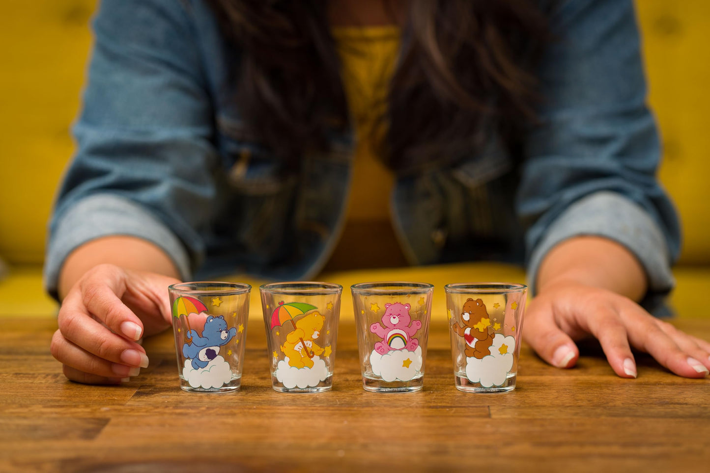 Silver Buffalo Care Bears on Clouds Featuring Funshine, Tenderheart, Cheer, and Grumpy Bear 4 Pack Mini Glass Set, 1.5 Ounces
