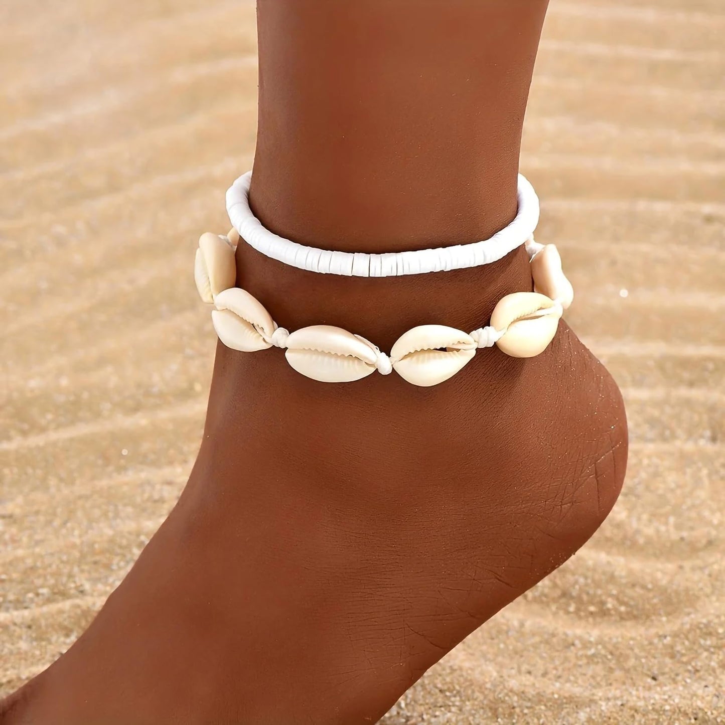 Qceasiy Shell Ankle Bracelet Set for Women, Boho Bead Adjustable Anklet, Hawaiian Beach Seashell Pearl Heart Starfish Conch Foot Jewelry Gifts (Shell&Puka)