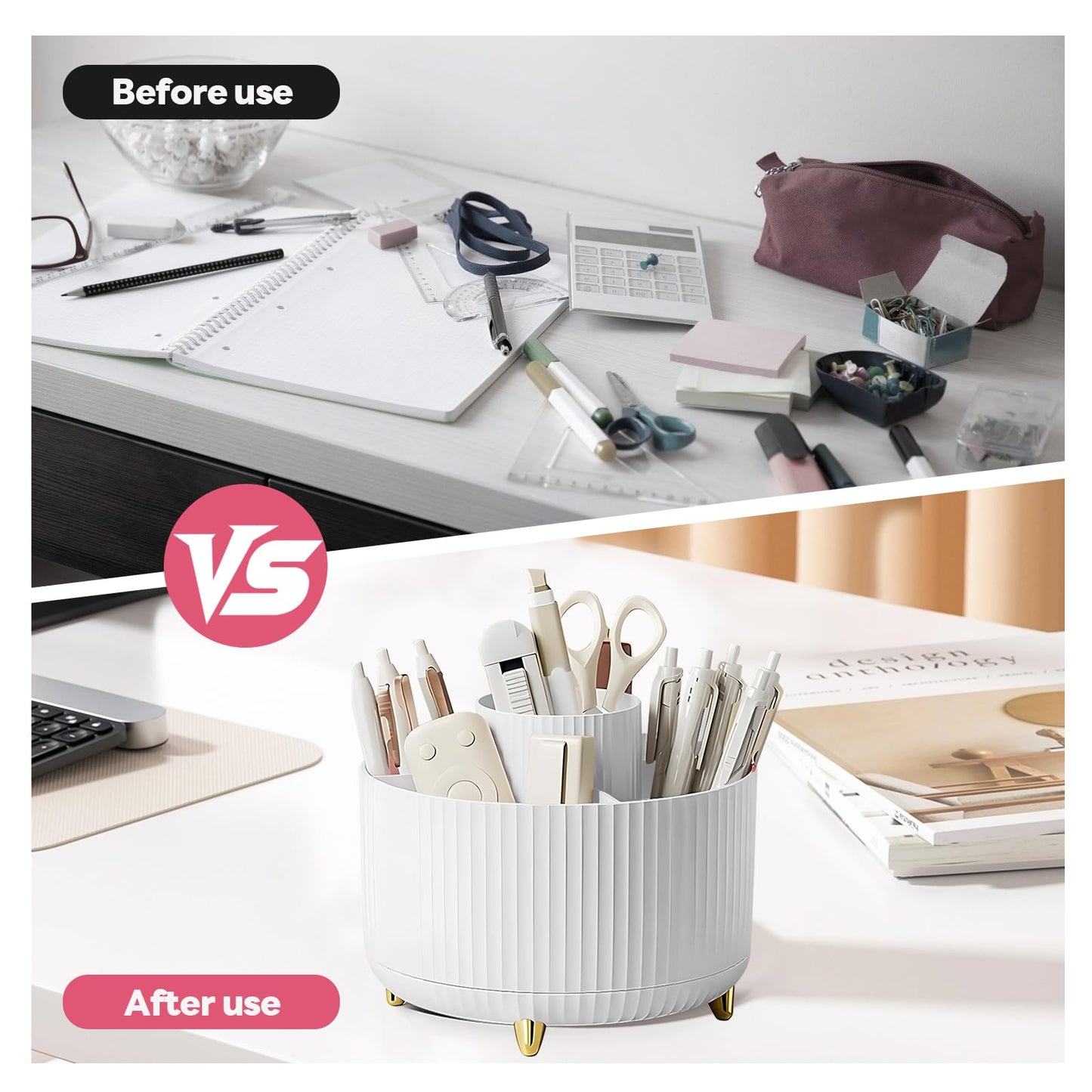 11 Pcs White Desk Accessories, 360 Degree Rotating Pen Holder Set with Stapler Set, Tape Dispenser Set, Scissor, Paper Clips Kit, Pen, Ruler & Sticky Tabs for Office School Home (White)