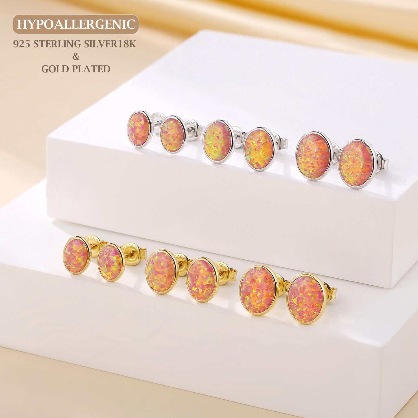 JiayangJY Silver Red Fire Opal Stud Earrings for Women Sterling Silver Oval Shape 7mm Opal Earrings with Push Back