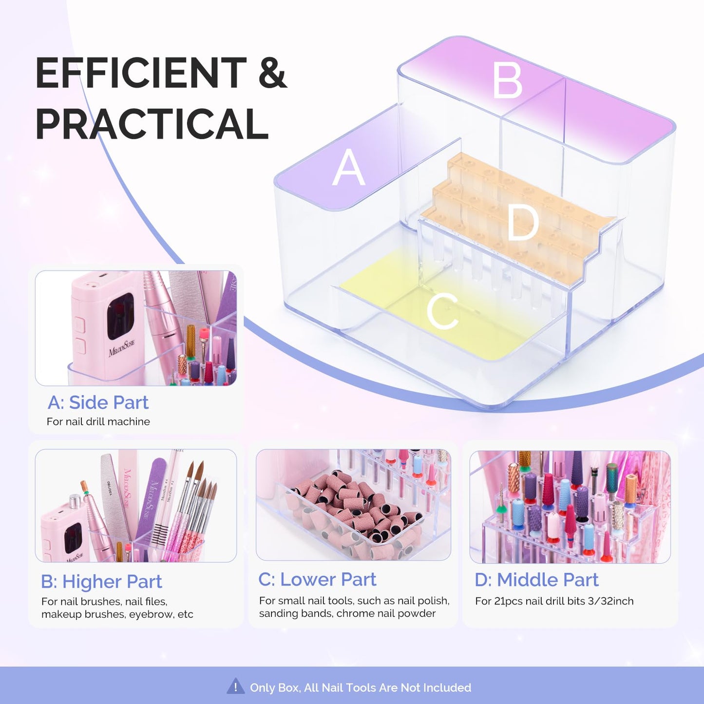 MelodySusie Nail Drill Holder, 21 Holes Nail Drill Bits Holder, Professional Acrylic Nail Tools Storage Box, Organizer Displayer for Manicure Efile Accessories Nail Drill Kit, Salon Home, Clear
