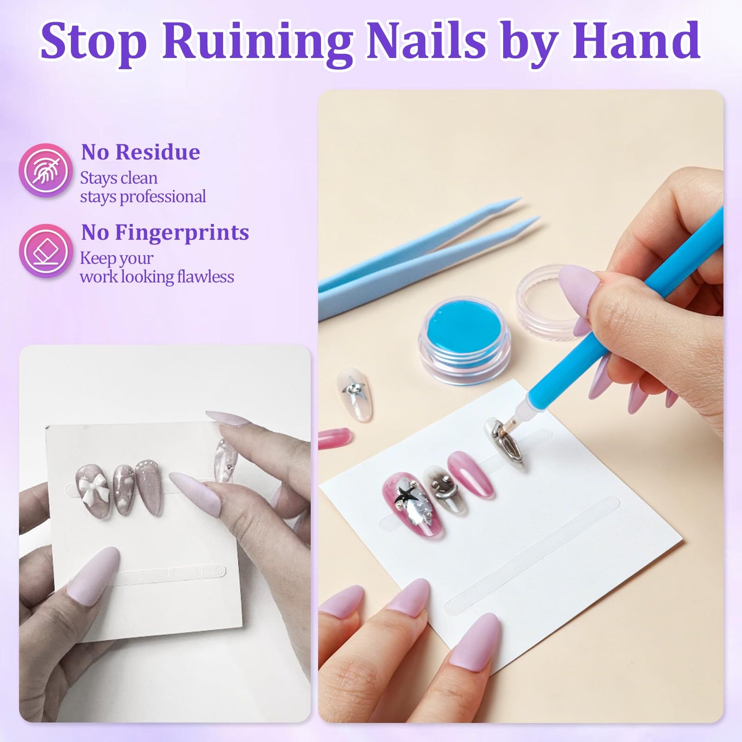 Raisetip 100PCS Press on Nail Packaging Bag, 100PCS Display Card with 231 Pcs Pre-cut Adhesive Tape & Diamond Art Pens & Glue Clay & Tweezers, 6-in-1 Set for Nail Display (Laser-white card)