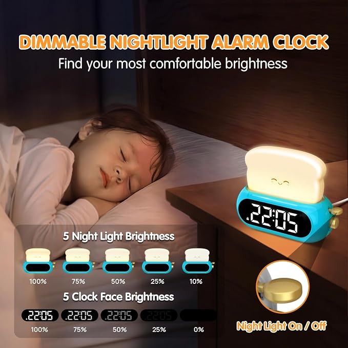 Kids Alarm Clocks for Bedroom, Cute Digital Clock with Night Light, 10 Ringtones, 10 Volumes, Nap Timer, Brightness Dimmer, Snooze, Bedside Alarm Clocks for Boys Teens Birthday Gift, Plug-in Use