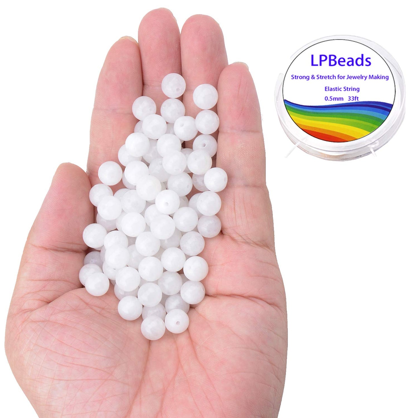 LPBeads 100PCS 8mm Natural White Jade Beads Gemstone Round Loose Beads for Jewelry Making with Crystal Stretch Cord