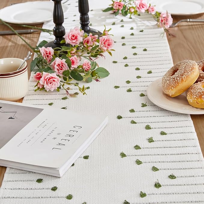 Wracra Boho Table Runner, Natural Cotton Woven Macrame Table Runners 108 Inches Long for Modern Farmhouse Woven Home Decor, 14x108 Inch, Green
