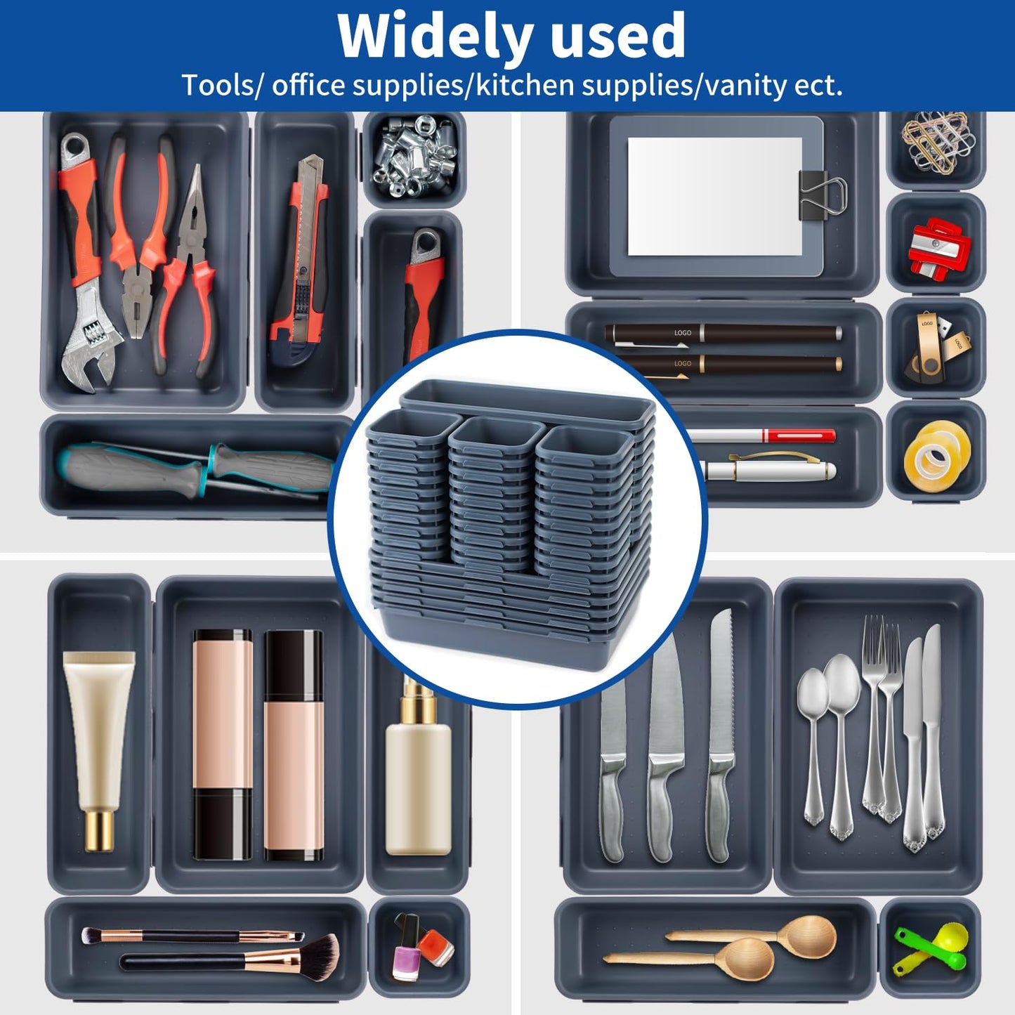 Giklux 45 Pack Tool Box Organizer Tray, 3-Sizes Tool Box Organizers And Storage, for Hammer, Wrench, Screw, Small Parts Toolbox Organization, Tool Cart Chest Garage Drawer Organizer Tray, Grey