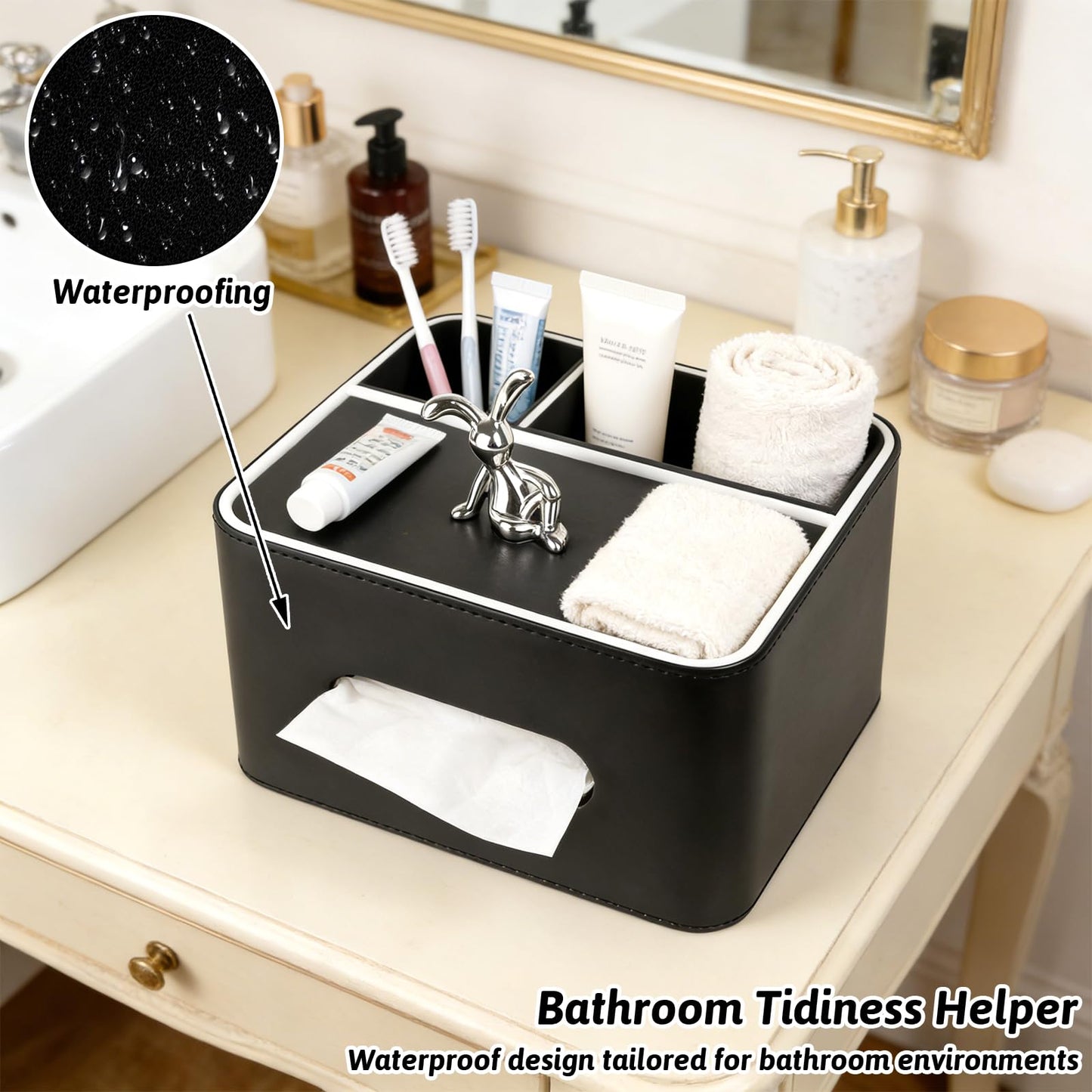 PU Leather Tissue Box Cover Square - Multifunctional Tissue Box Holder with Storage, Tissue and Remote Control Holder Organizer with Compartments for Bedroom Nightstand, Desk, Living Room (Black)