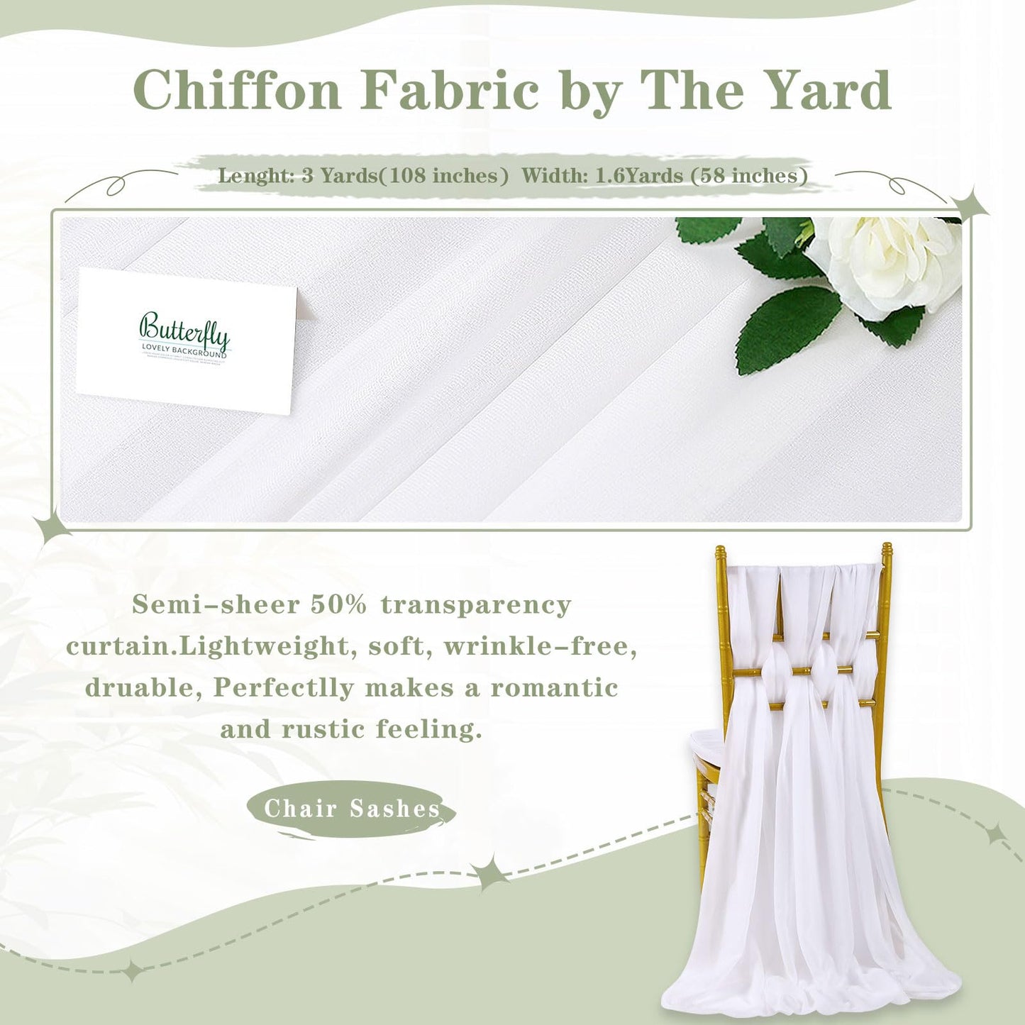 3 Yard White Chiffon Fabric by The Yard, 58 Inch Wide Elegant Sheer Chiffon Fabric for Wedding Costume Sewing Clothing Crafting Table Runner DIY Project