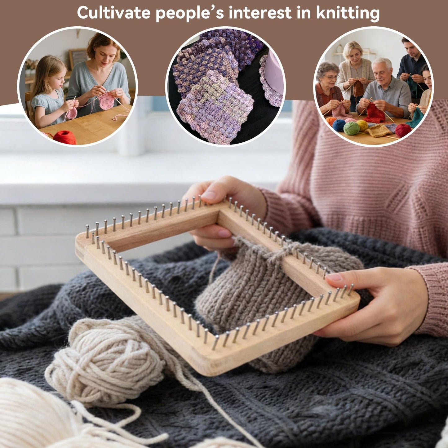 HERCHR Wooden Knitting Loom, Wooden Loom Frame Weaving Loom DIY Solid Wood Multifunctional Blanket Crochet Loom Knitting Board Loom Tool for DIY Weaving Beginner Children Adults, 20 * 20cm