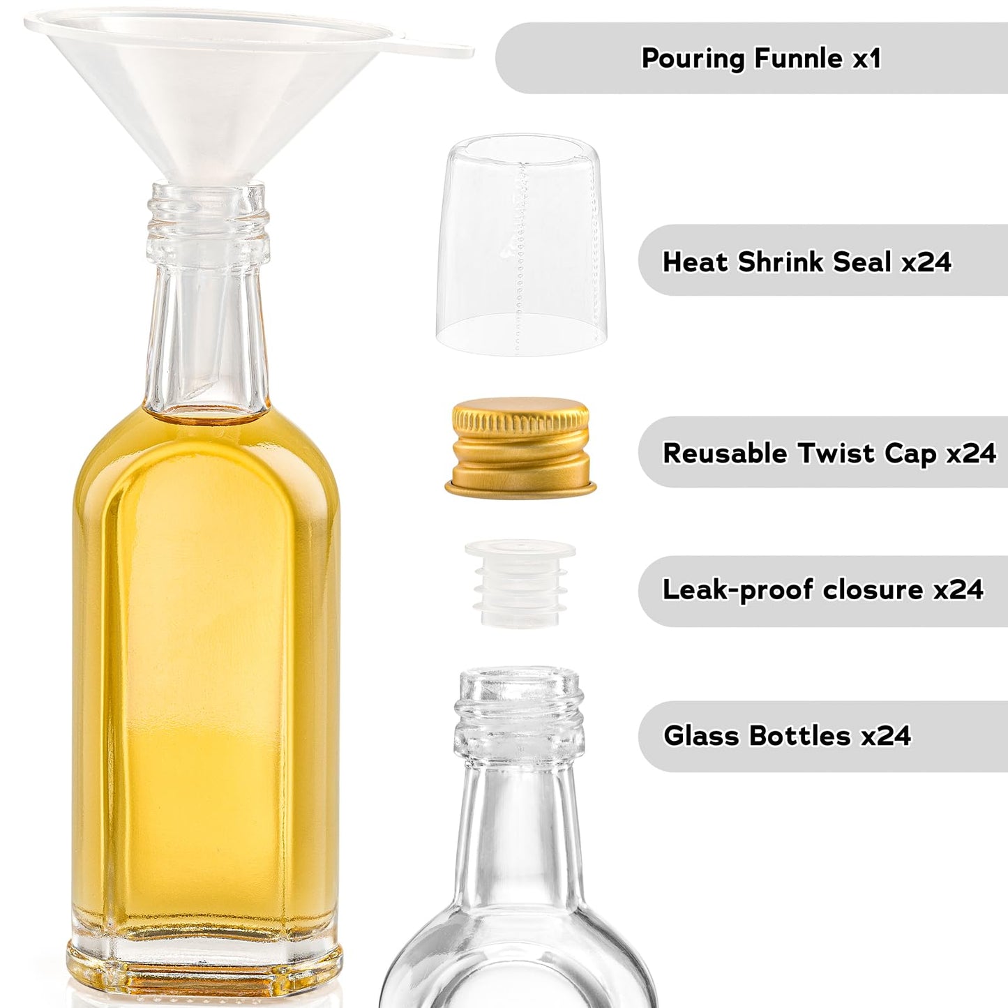 PELLAH GOODS 50 ml (1.7oz) Mini Small Glass Bottles With Leak Proof Gold Caps, Aluminum Lids, 24 Pack, For Liquor Wine Alcohol Ginger Shots Samples Decorative