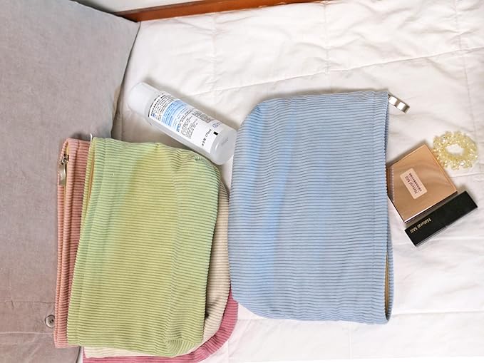 HAPPYHEIDI Fresh Green Corduroy Makeup Bag Cosmetic Toiletry Travel Pouch, Make Up Accessory Purse Organizer, Canvas Lined