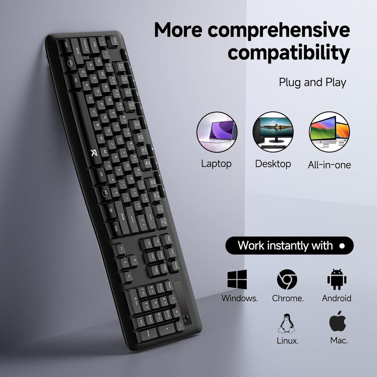Redragon BK-7367 2.4G Wireless Keyboard, Membrane Computer Keyboard with 10 Individual Multimedia Keys, Spill Resistant Adjustable Kickstand AA Battery