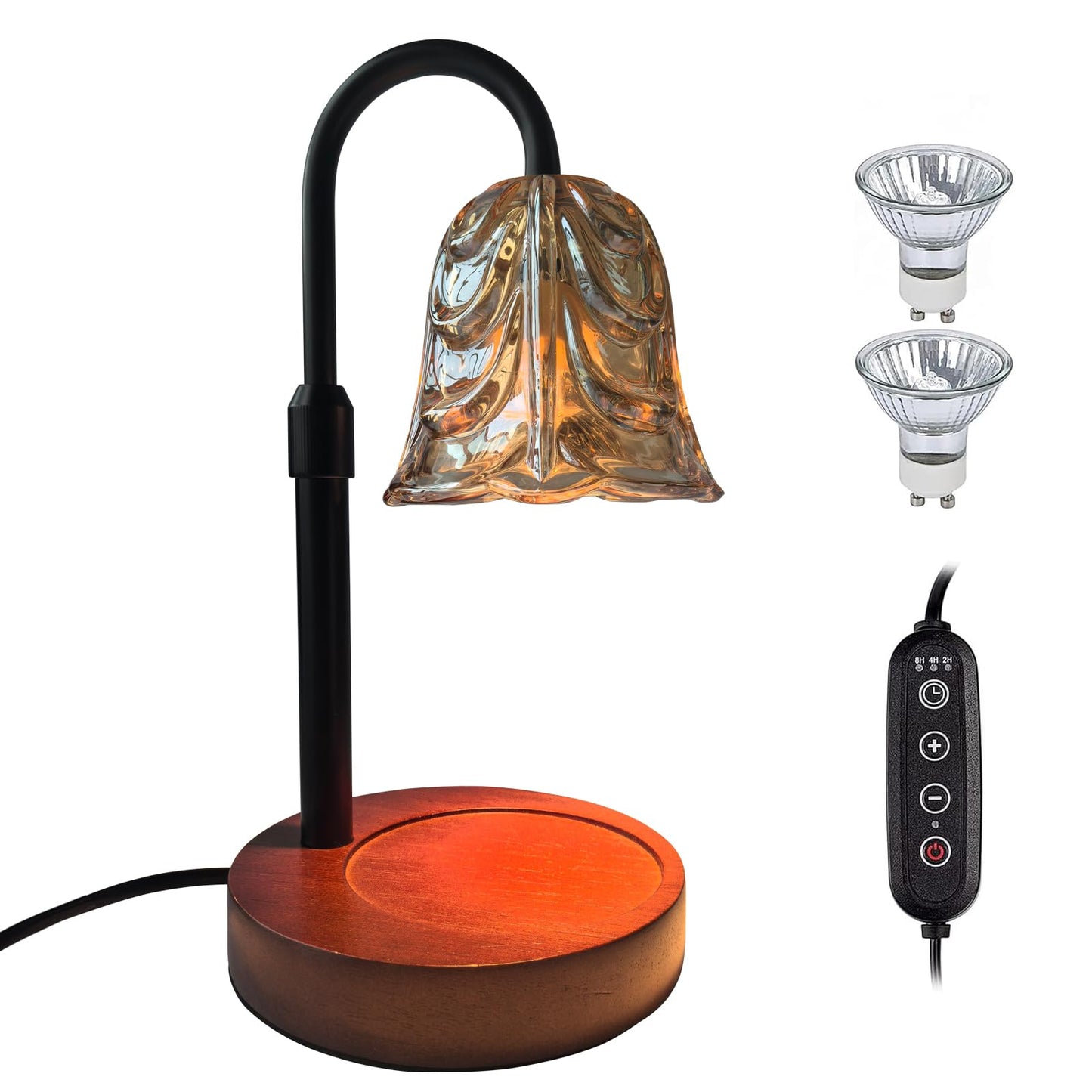ANFOOS Candle Warmer Lamp with Timer and Dimmer, Flower Glass Shade Adjustable Height Flameless Wax Melt Warmer for Home Office Decor, 4 Brightness Mood Lighting, Includes 2 GU10 Bulbs