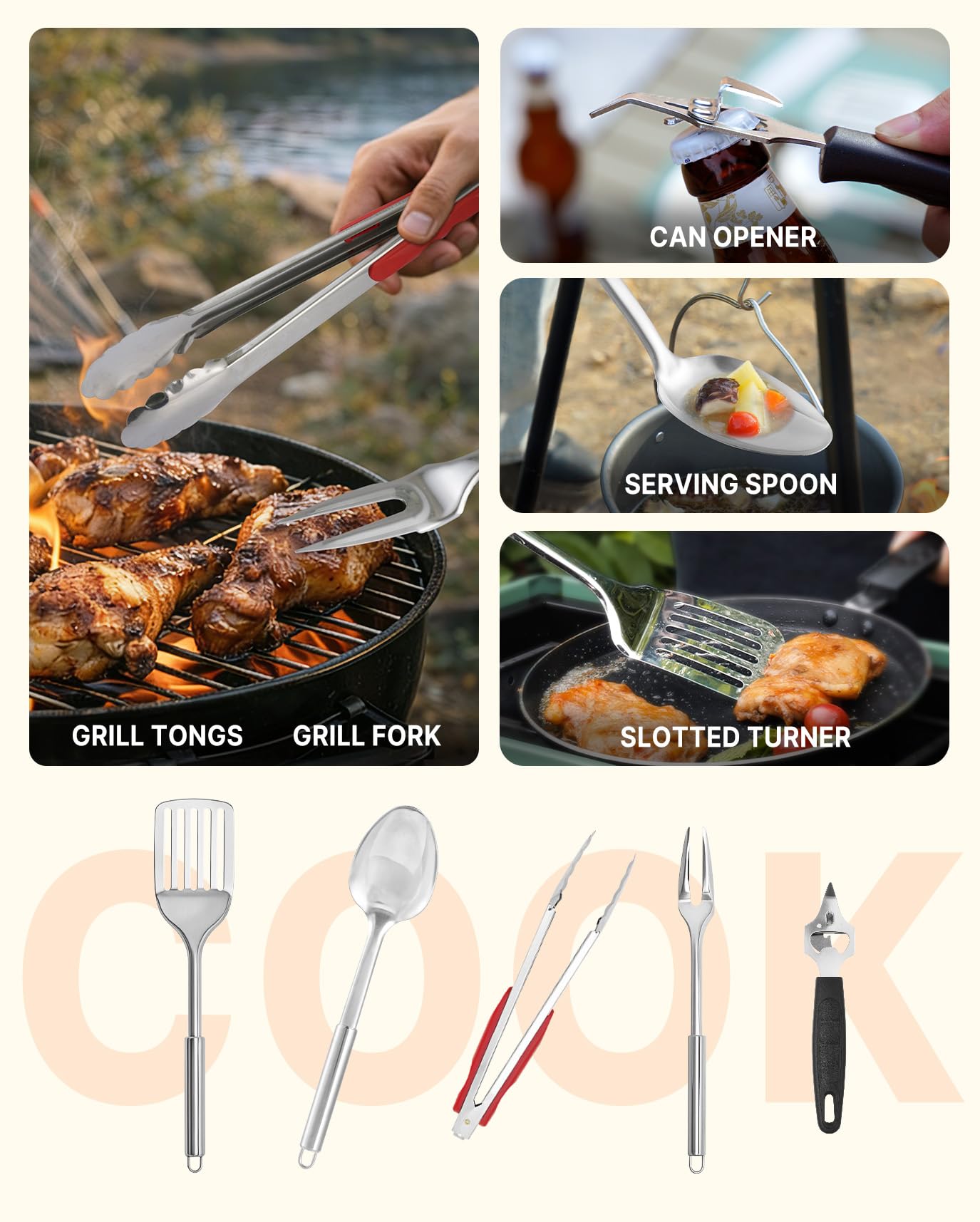 GAIALOOP Portable Camping Cooking Utensils Set 28PCS, Camp Kitchen Set with Plates and Camping Cutlery Set, RV Essentials Cooking Equipment, Outdoor BBQ Cooking Utensil Kit with Organizer Bag