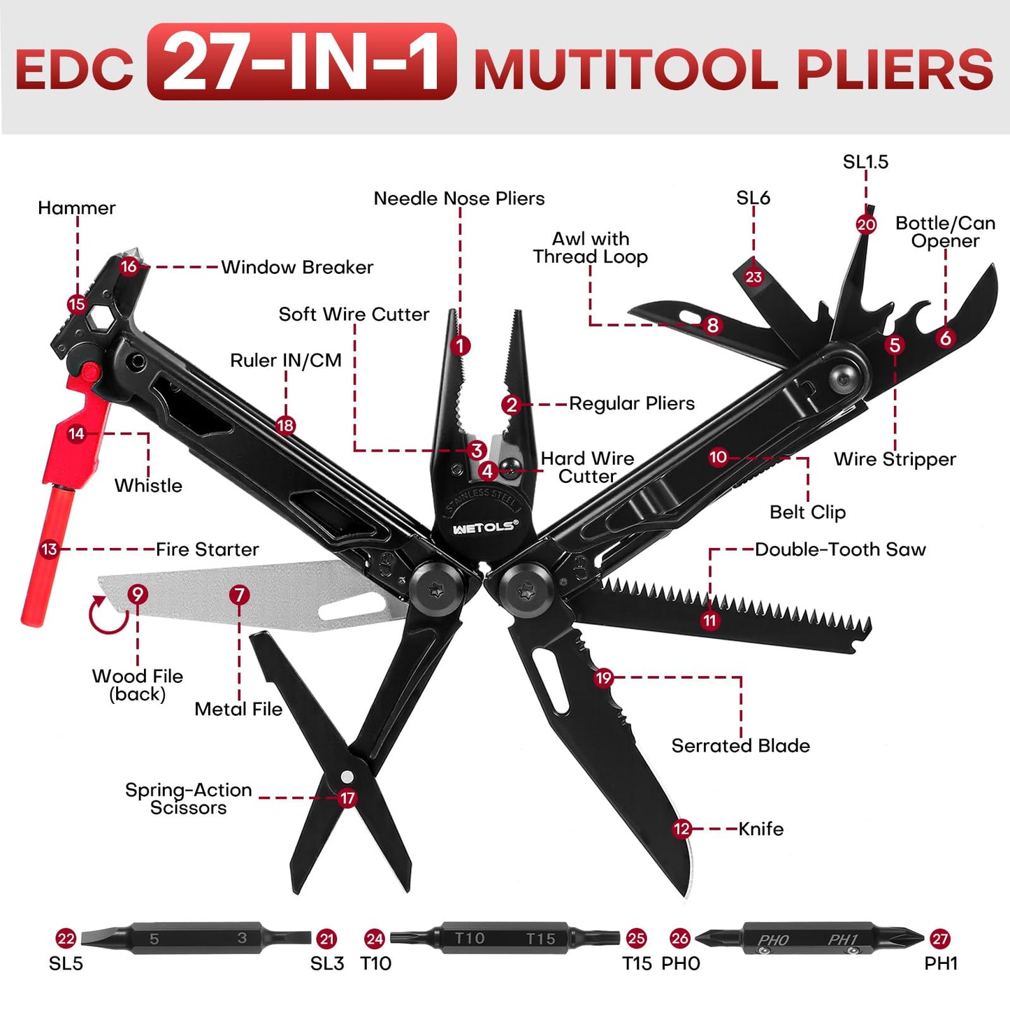WETOLS Multitool with Pocket Knife, 27-in-1 Stainless Steel Needle Nose Pliers with Screwdrivers, Self-locking Multi tool EDC Gear with Sheath, Ideal for Survival, Outdoor, Camping