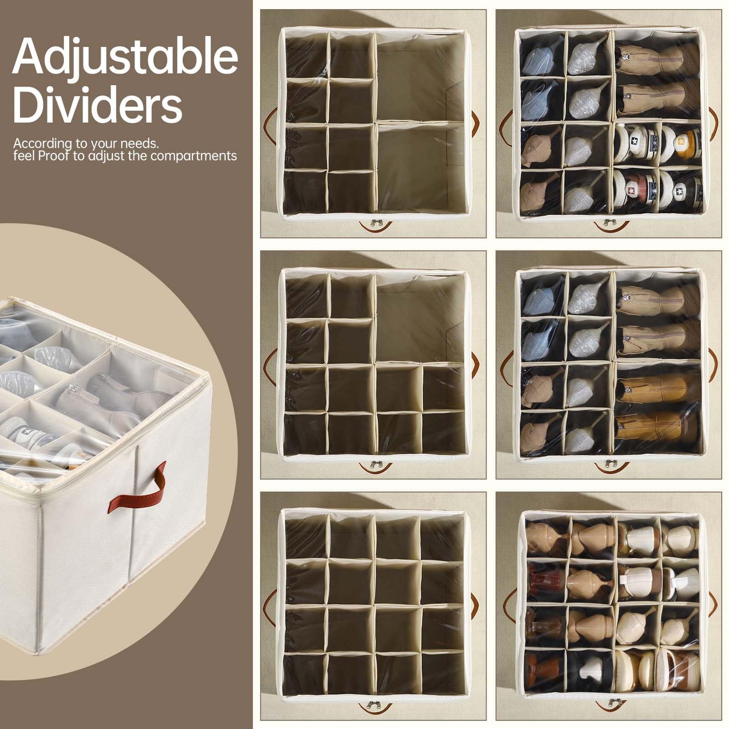 INSTY Shoe Organizer for Closet, 2 Pack Foldable Shoe Storage Containers, Fits up to 16-32 Pairs, Adjustable Dividers for Shoe Organizer, Fabric Shoe Storage Bins with Clear Cover, Beige