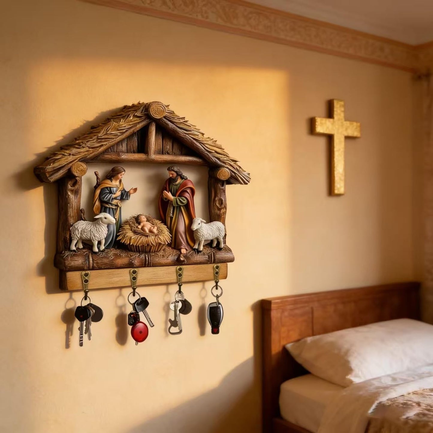 Wall-Mounted Nativity Scene Key Holder, 2D Holy Family and Baby Jesus Manger Wall Hooks (4 Hooks), Religious Christian Home Decor Key Rack Organizer for Entryway, Christmas Religious Gifts