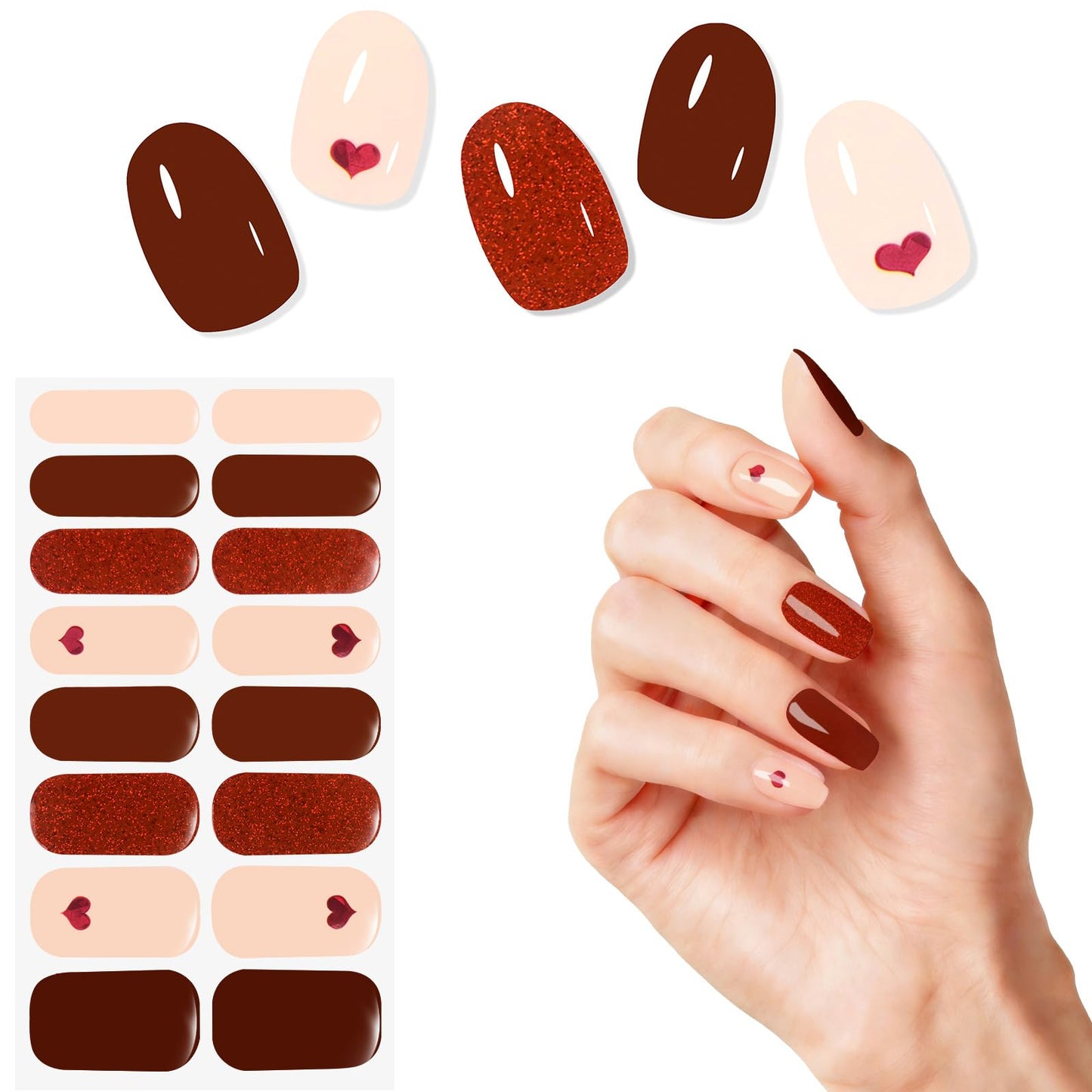 Semi Cured Gel Nail Strips - Dark Brown Heart Pink-Stylish Nail Wraps, No UV Light Needed, Effortless Application & Removal, Salon Quality, Includes 16 Wraps, 1 Prep Pad, Wooden Stick & Nail File