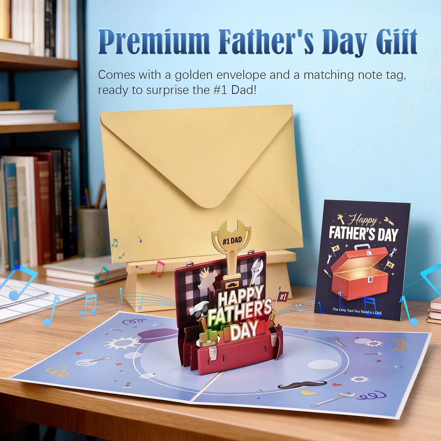 Leopong Father's Day Pop Up Card, Musical & LED Lighted 3D Toolbox,Unique Greeting Gift for Dad/Husband