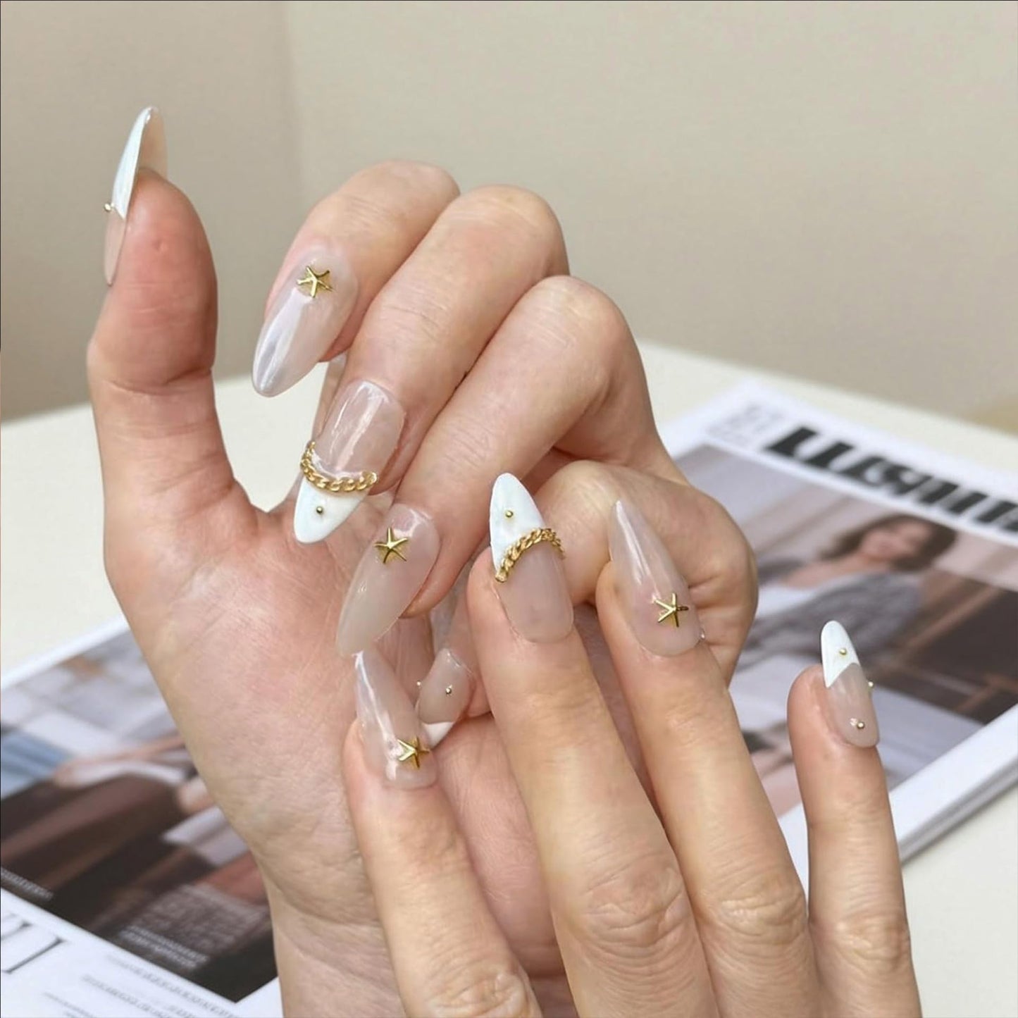 Handmade Press On Nails Medium Almond Shape - 3D Gold Metallic Embellished White French Manicure False Nails, Minimalist Spring & Summer Design | Salon Quality Reusable Fake Nails (10PCS-S)
