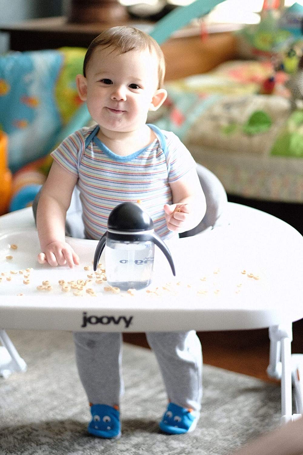 Joovy Spoon Baby Walker & Activity Center Featuring Three Adjustable Heights, Extra-Large Tray, and 30 lb Weight Capacity - JPMA Safety Certified, Charcoal