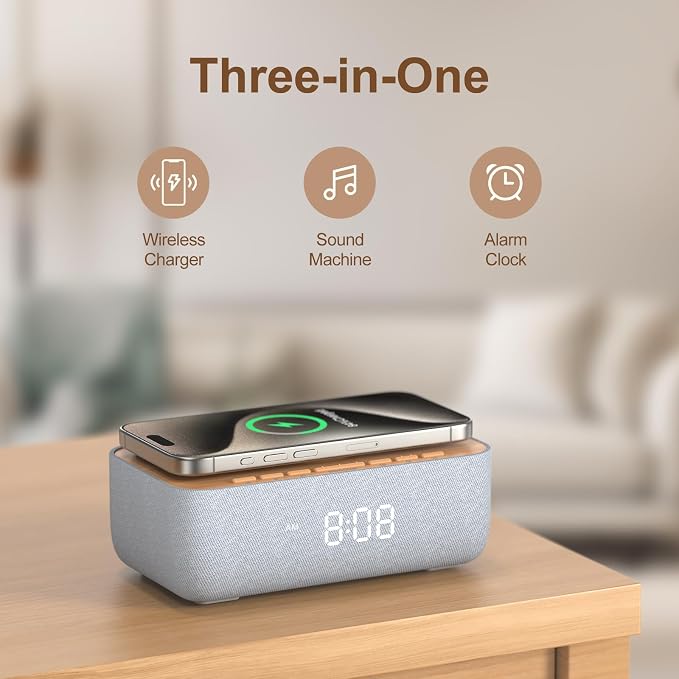REACHER 15W Magnetic Wireless Charging Alarm Clock with White Noise Machine