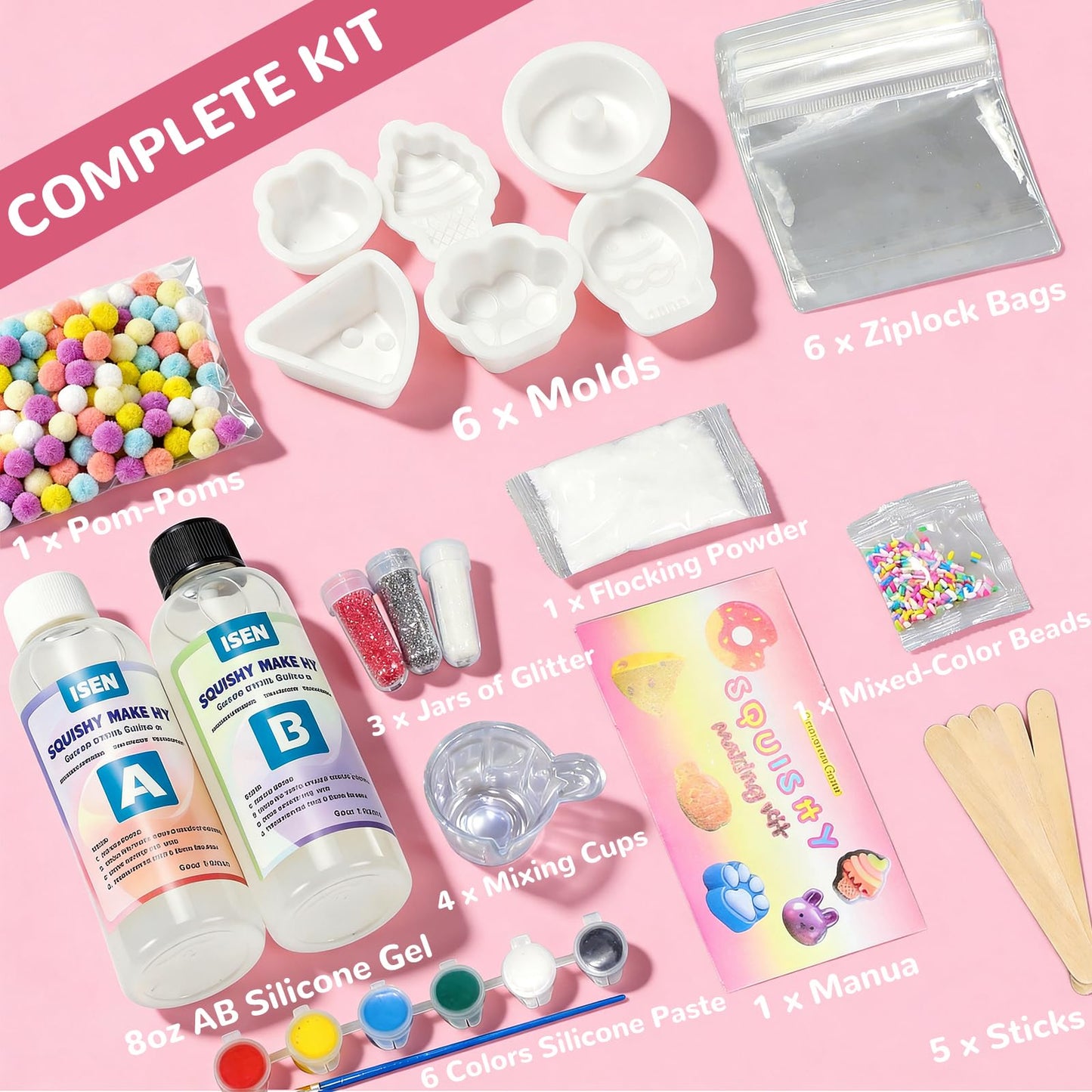 Taba Squishy Maker Kit – DIY Mochi Squishy Craft Kit, Silicone Mold Making Set with 8oz AB Silicone Gel, Giant Chick/Paw/Hamster/Cat Molds, Squishy Kit, Stress Relief & Gifts