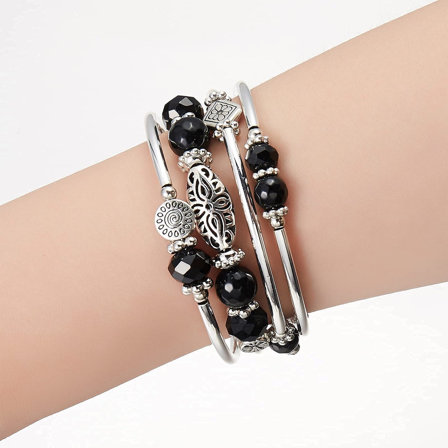 FULU AUTUMN Stackable Beaded Bracelets for Women Boho Wrap Silver Bracelet Layered Fashion Jewelry Gifts for Her(Black)