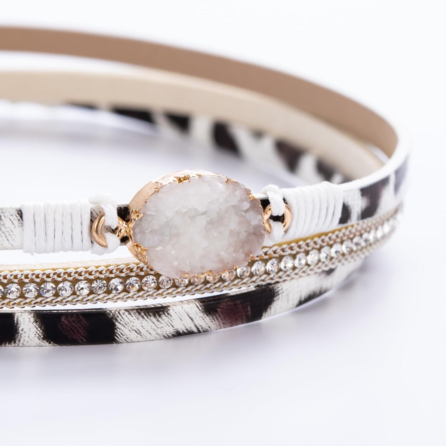 FANCY SHINY Boho Leather Wrap Bracelet Stackable Chunky Crystal Cuff Bracelets with Magnetic Clasp Cowboy Cowgirl Western Summer Beach Outfits Jewelry Gifts for Women (14.7", Zebra)