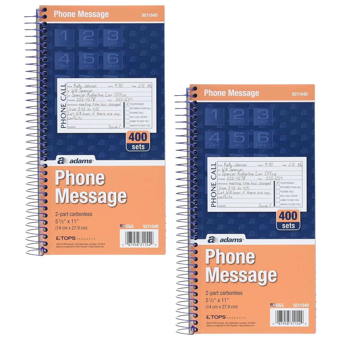 Adams Phone Message Book, 5.25 x 11 Inch, Spiral Bound, 2-Part, Carbonless, 4 Messages per Page, 400 Sets, 2-Pack, White and Canary (S1154-2D)