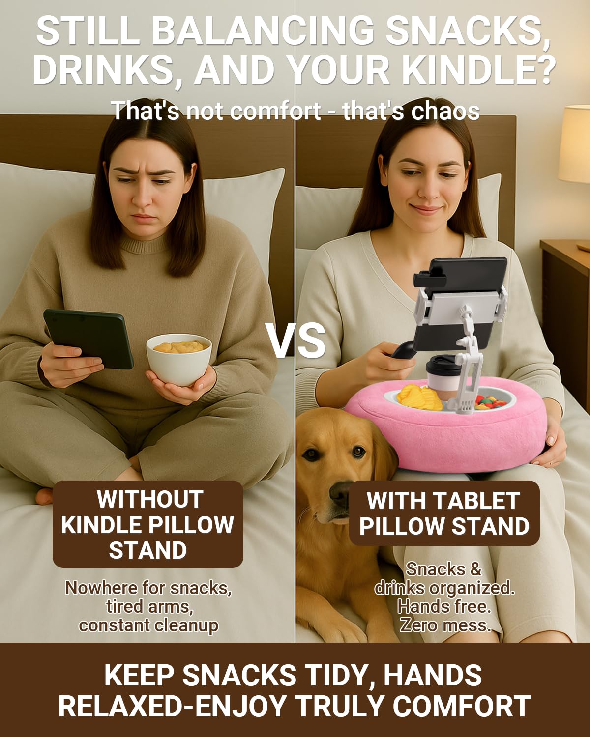 Tablet & Kindle Pillow Stand for Bed, Adjustable iPad Holder for Couch and Lap with 2 Snack Bowls, Cup Holder, 50 Disposable Liners and Washable Cover, Pink