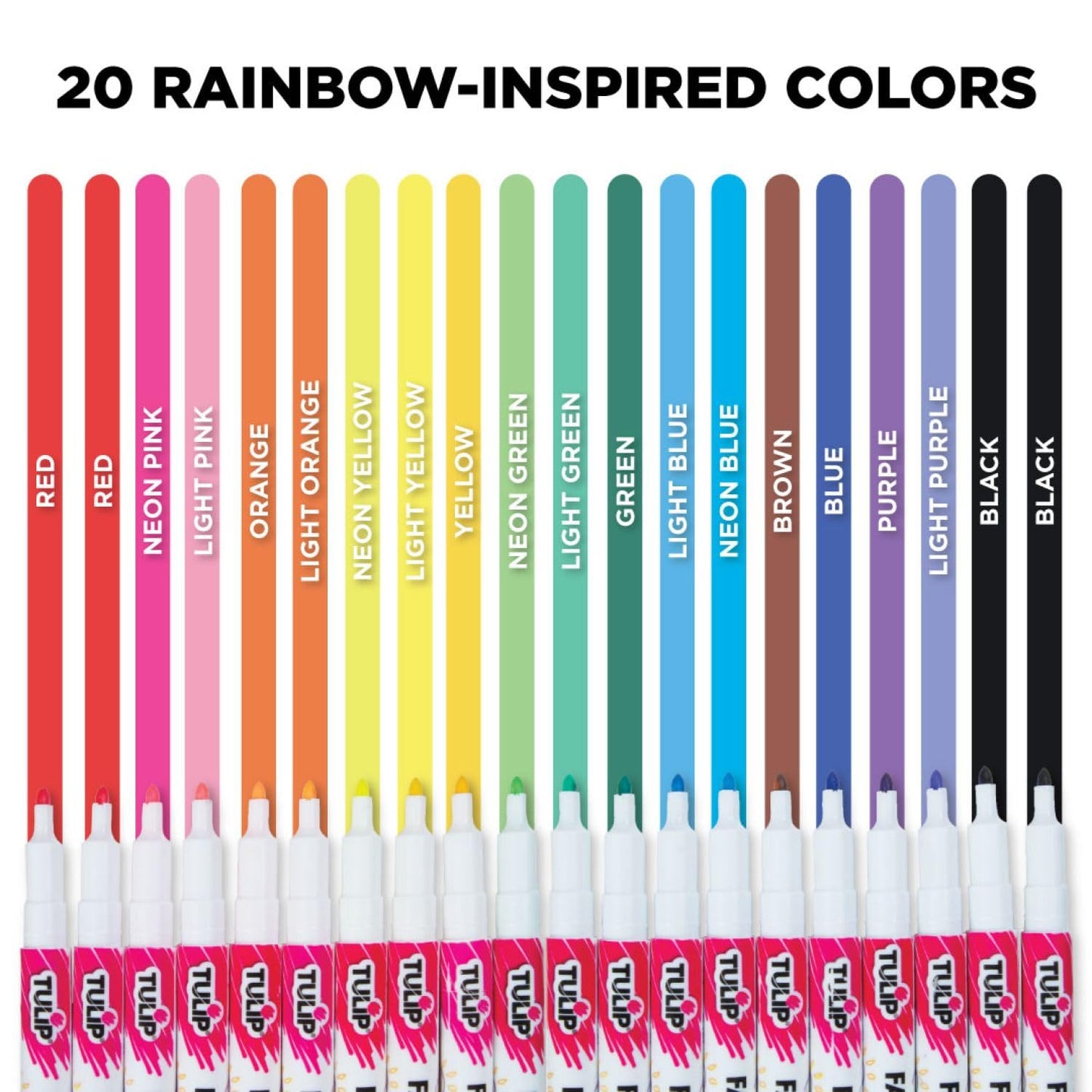 Tulip Permanent Fabric Markers Rainbow 20 Pack - Fine Tip, Minimal Bleed & Fast Drying - Premium Quality for T-shirts, Clothes, Shoes, Bags & Other Fabric Materials