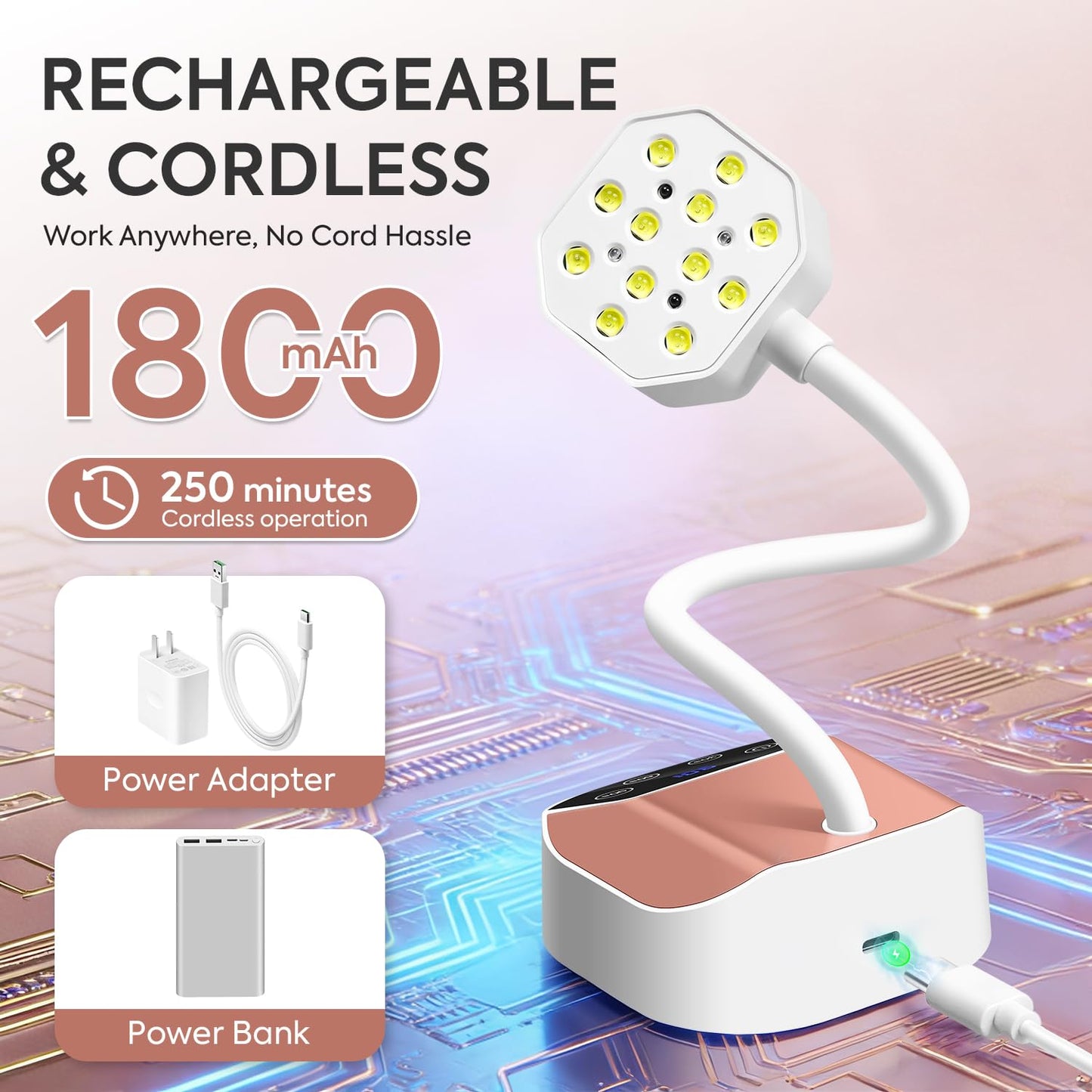 UV LED Nail Lamp 36W – Mini Cordless Flash Cure Gooseneck UV Light for Gel X Nails Portable USB 50mW/cm² Rechargeable Nail Dryer with 12 LEDs, Auto Sensor, 4 Timers & LCD Display for DIY Home Manicure
