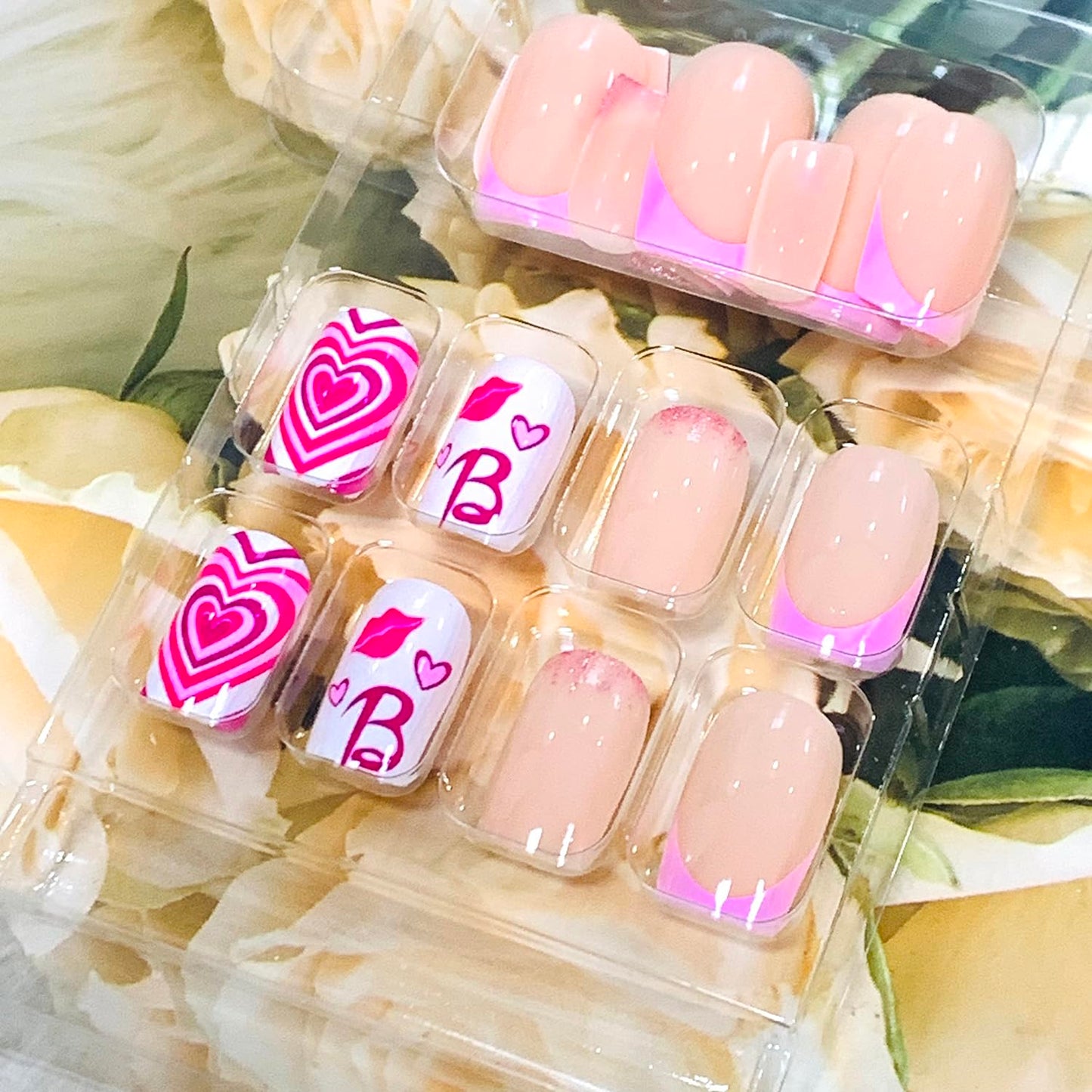 Press on Nails Medium Square Pink 24Pcs Glossy Full Cover Artificial French Fake Nails with Heart Lips Designs Reusable Coffin Acrylic False Nails Glue on Fingernails with Charm for Women