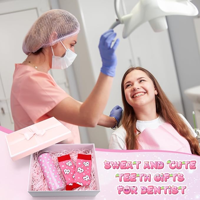 Umigy 2 Pcs Dental Assistant Gifts 2025 Dental Hygienist Appreciation Gifts 20 oz Teeth Print Tumbler with Lid and Sock for Women for Nurse Week Appreciation Dentist Christmas Birthday(Pink)