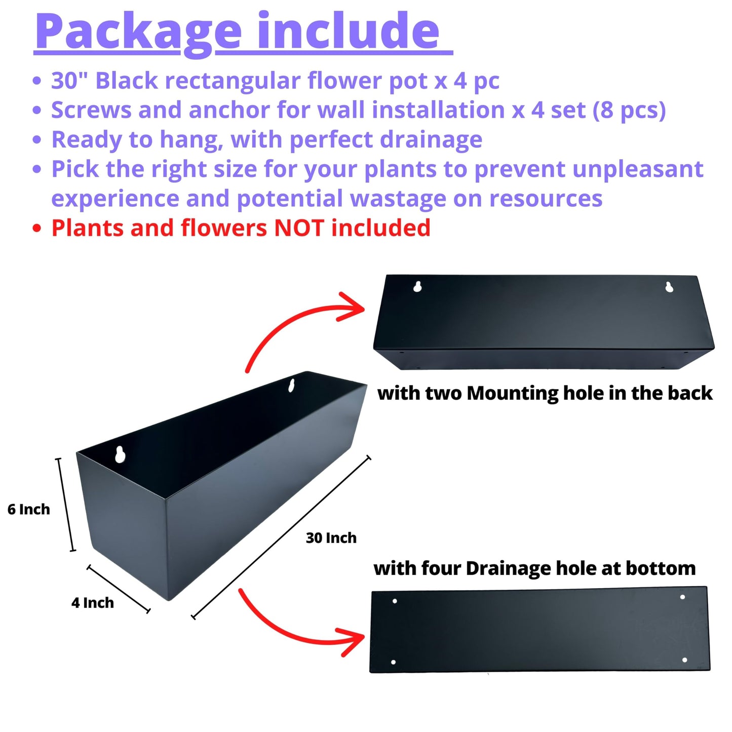 LaLaGreen Wall Planters for Outdoor Plants (30 Inch, 4 Pack) Carbon Steel Black Metal Hanging Flower Pots Outdoor for Succulents, Wall Mount Rectangular Long Window Sill Box Fence Deck Garden Decor