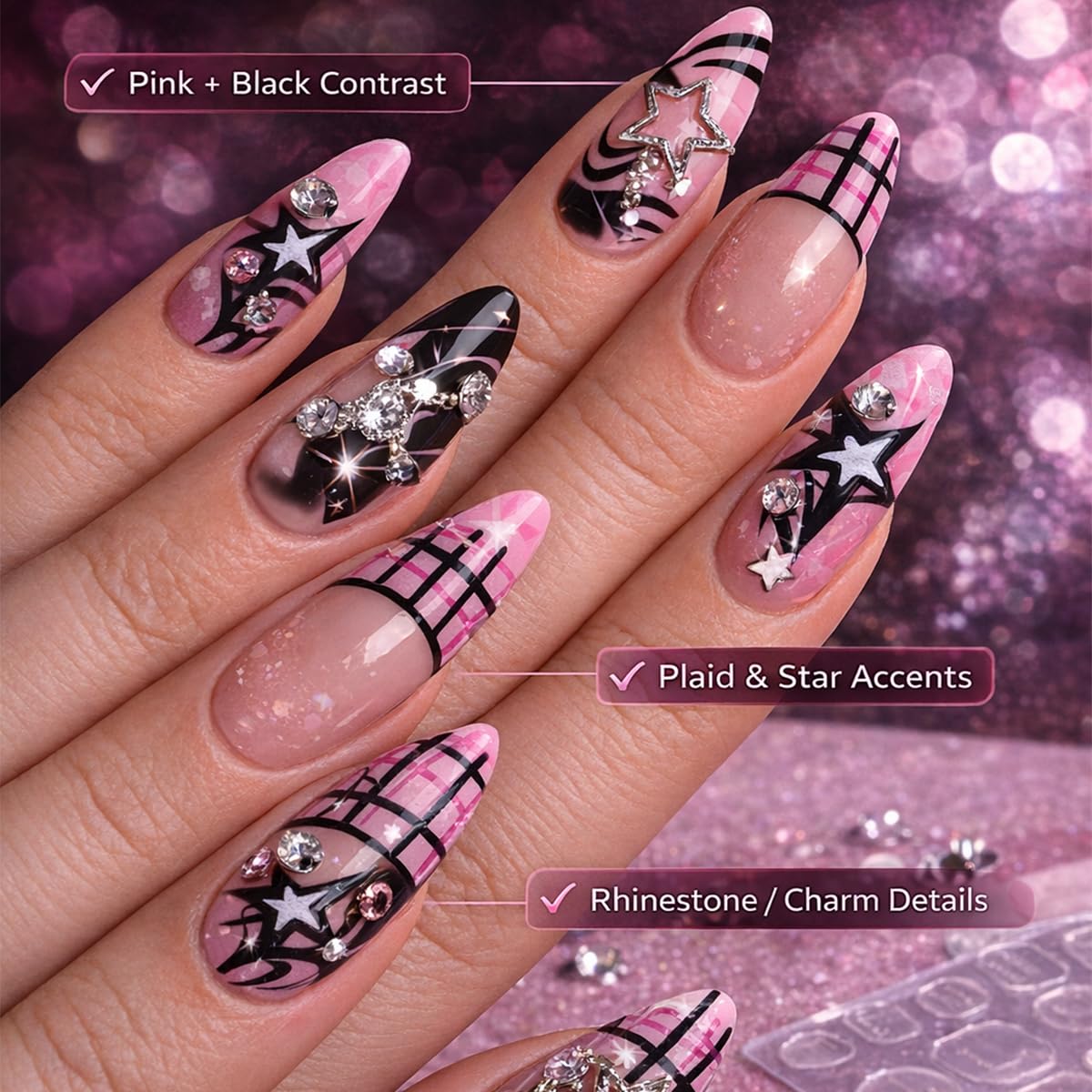 OCTOSWAVE Long Almond Press On Nails, Pink & Black Y2K Fake Nails with 3D Silver Star Charms, Glossy Stick-On Nail Set (24 Pcs) with Jelly Adhesive Tabs, Prep Pad, File & Cuticle Stick