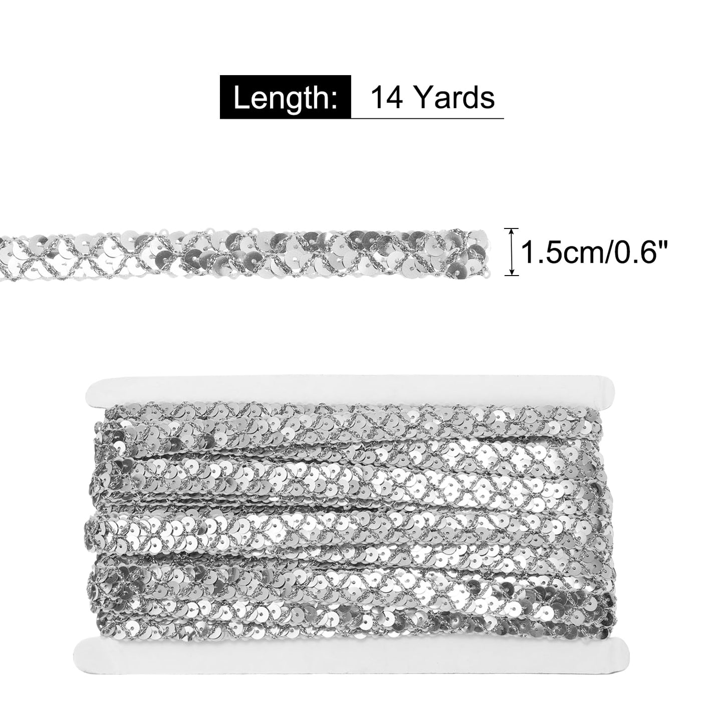 MECCANIXITY 14 Yard Sequins Beaded Lace Trim 2 Row 0.6 Inch Sequin Braid Trim Strip Paillette Sequins Ribbon Trim for Crafts, Embellishments, DIY Sewing Costume Silver