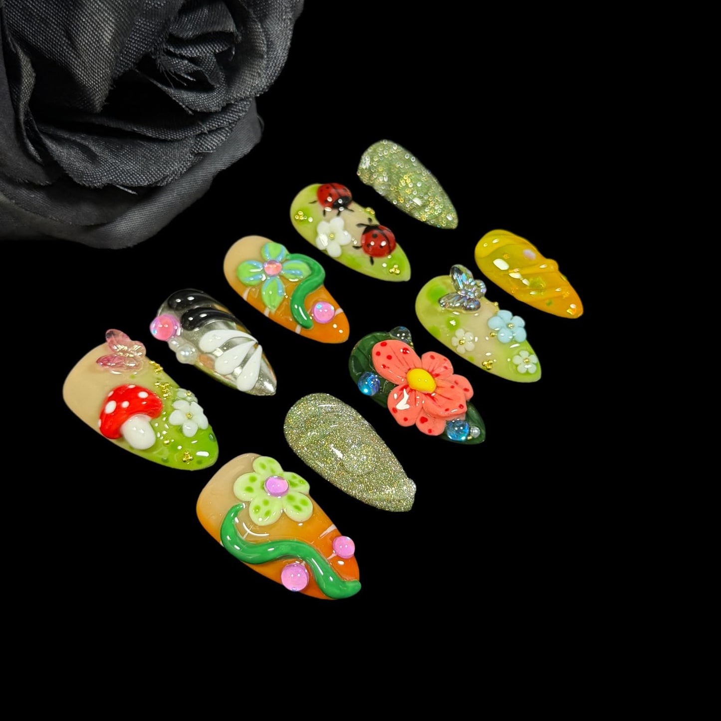 Handmade Press on Nails, 3D Floral Art Fake Nails with Red Mushroom, Ladybug, Butterfly & Glitter, Medium Almond Shape Acrylic False Nails Magic Garden (S)