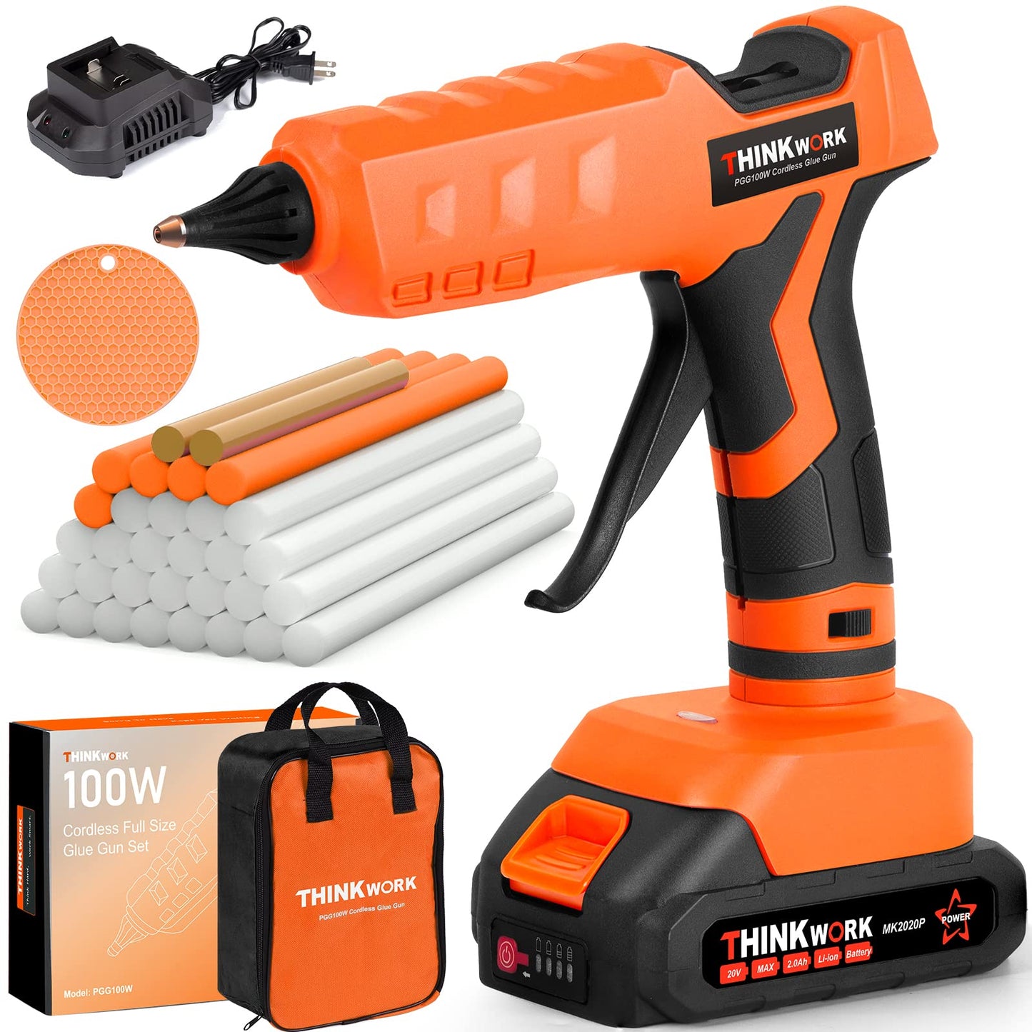 THINKWORK Hot Glue Gun, 20V Cordless Glue Gun with 30 PCS Full Size Sticks, Drip-Free Fast Heating Glue Gun Kit for DIY&Crafts, Repair and Construction, Rechargeable Battery and Charger Included