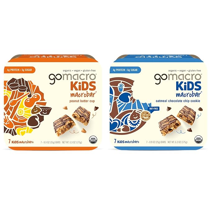 GoMacro Kids MacroBar Organic Vegan Snack Bars – Peanut Butter Cup & Oatmeal Chocolate Chip Cookie (0.90 Ounce Bars, 7 Count) (Pack of 2)