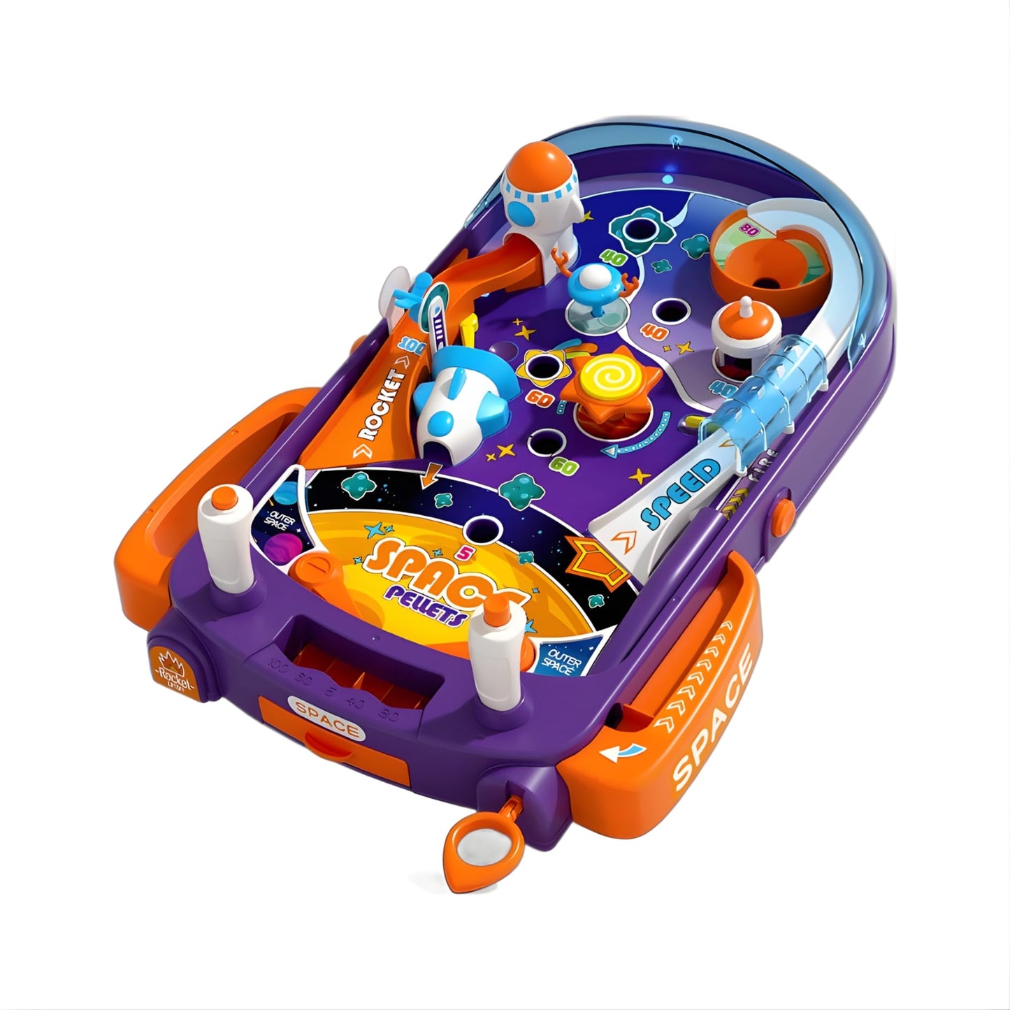 OLEOCA Tabletop Pinball Machine - Space Mini Arcade Game with Sound & Light, Pull-Back Launcher, Flippers, Carry Handle, Suction Cup Feet, Games for Kids Ages 3+