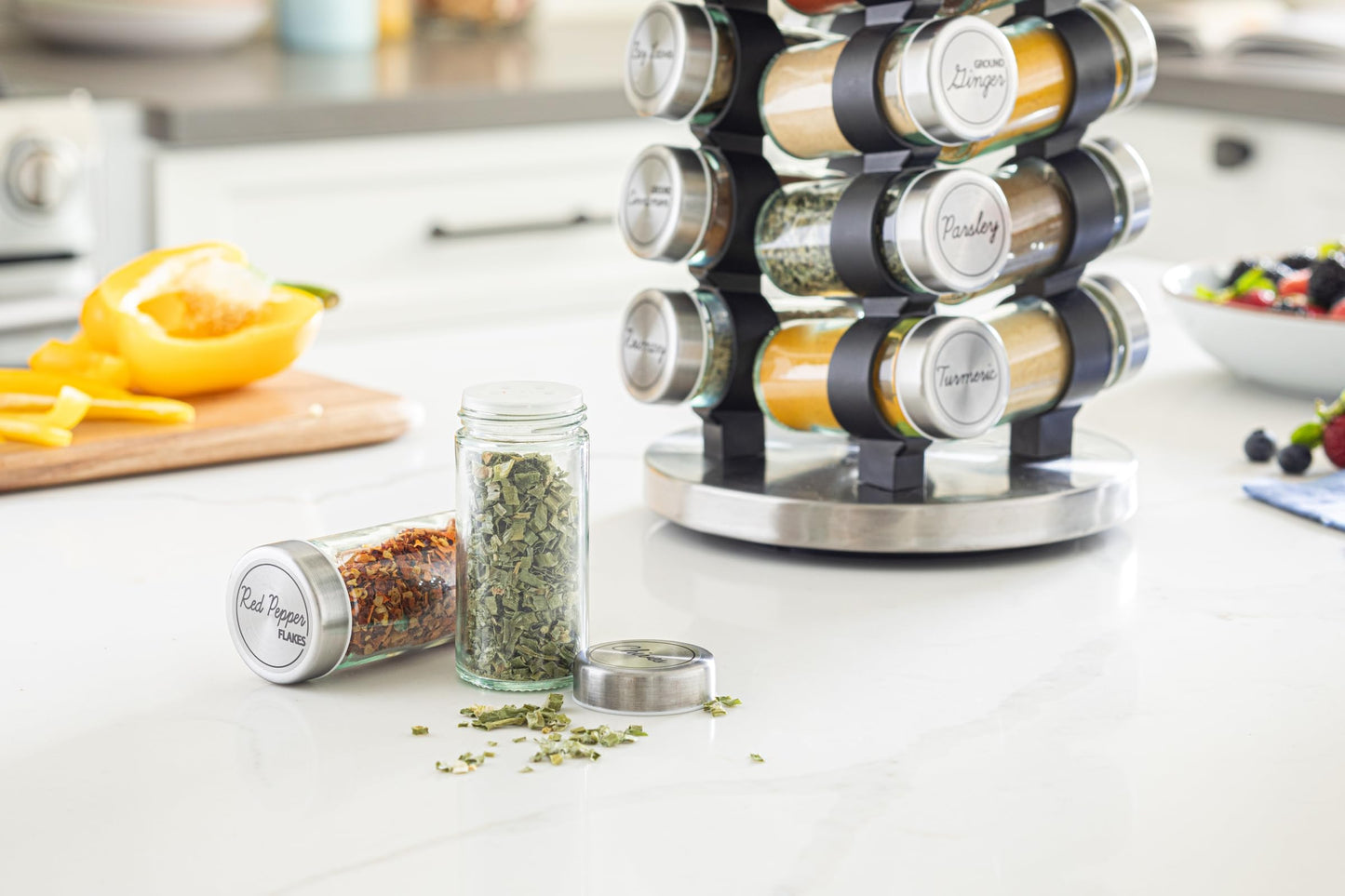 Orii 20 Jar Rotating Spice Rack with Spices Included & 5-Year Free Spice Refill Program – Stainless Steel Revolving Countertop Spice Rack with 3 oz Glass Jars