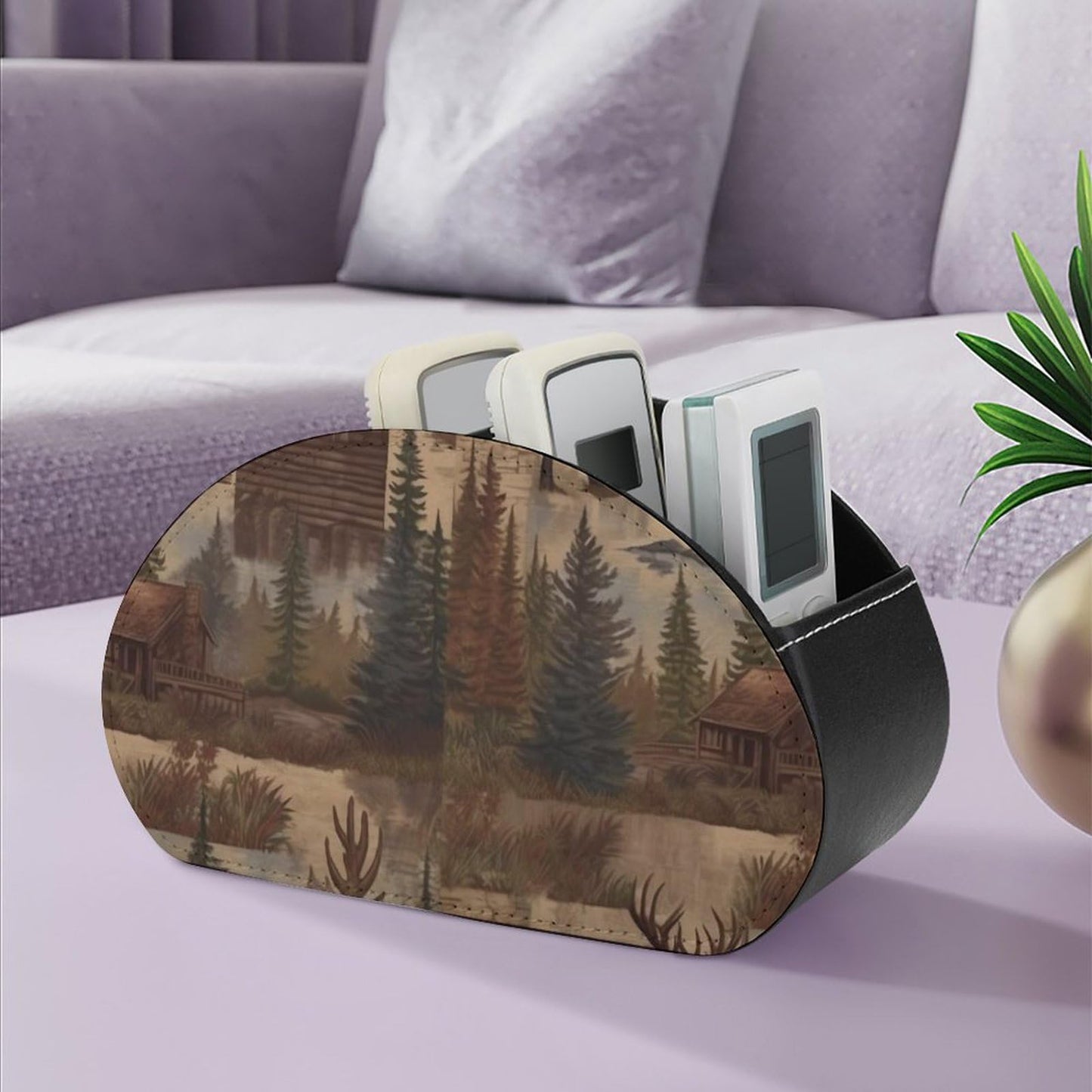 DWVSFJM Rustic Lodge Bear Moose Remote Control Holder Desk Storage Organizer Box PU Leather Remote Caddy with 5 Compartments Fashionable Pen Storage Box Modern Desktop Organizer