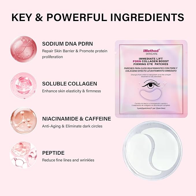 iMethod PDRN Collagen Boost Eye Mask - Under Eye Patches, Instant Lift Under Eye Mask for Reduce Fine Lines & Wrinkles, Firming Eye Patches for Puffy Eyes, Eye Bags, Dark Circles, 8 Pairs