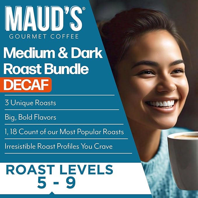 Maud's Decaf Dark Roast and Decaf Medium Roast Coffee Pods Bundle, 54 ct, Decaffeinated Coffee in Recyclable Single Serve Pods – 100% Arabica Coffee, Compatible with Keurig K Cups Maker