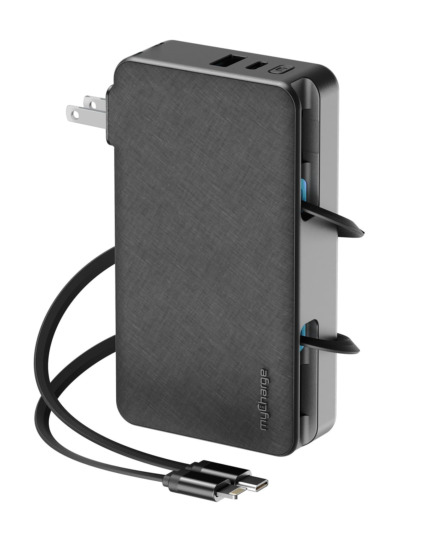 myCharge RetractaCharger+ 10000mAh Portable Power Bank - 28" Retractable 1 USB-C & 1 Lightning Cables | Built-in Wall Plug | Digital Display | USB-C/A Ports | Up to 60 Hours of Power | Black