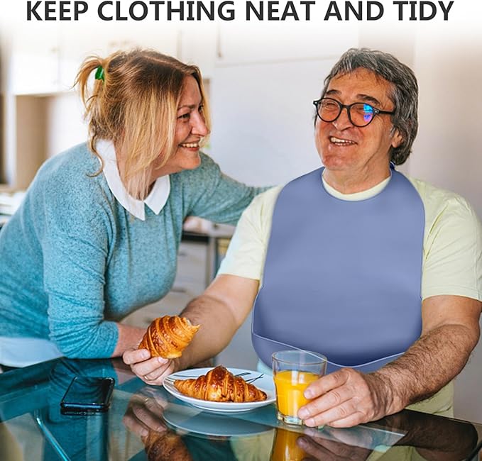 Adult Bibs for Men, Women, Elderly- Silicone Adult Bibs for Eating - Washable Bib with Crumb Catcher (Blue)