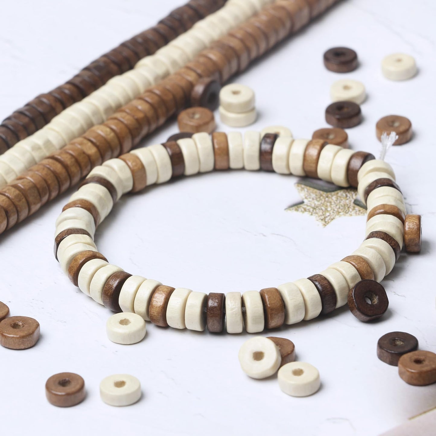 900Pcs Flat Round Wooden Beads - 7mm Wood Loose Spacer Beads for DIY Crafts, 300Pcs for Each Color
