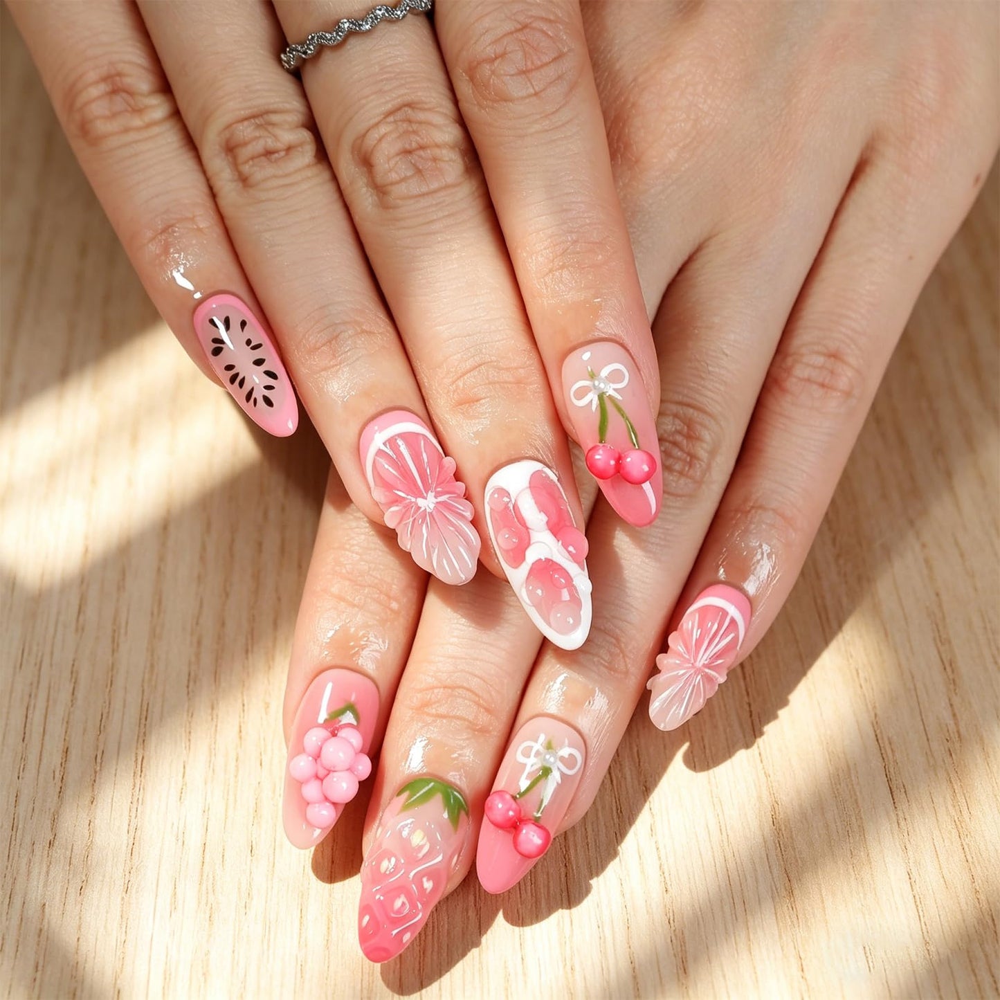 Cute Pink 3D Cherry Strawberry & Grape Fruit Handmade Press On Nails, Almond Glossy Acrylic Fake Nails, 10pcs Reusable Summer Nails - Appife